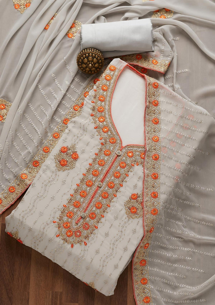 Light Grey Zariwork Georgette Unstitched Salwar Suit- Koskii