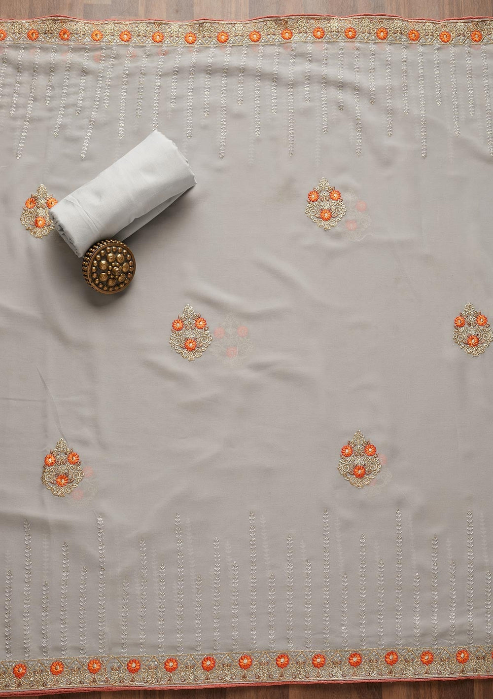 Light Grey Zariwork Georgette Unstitched Salwar Suit - Koskii