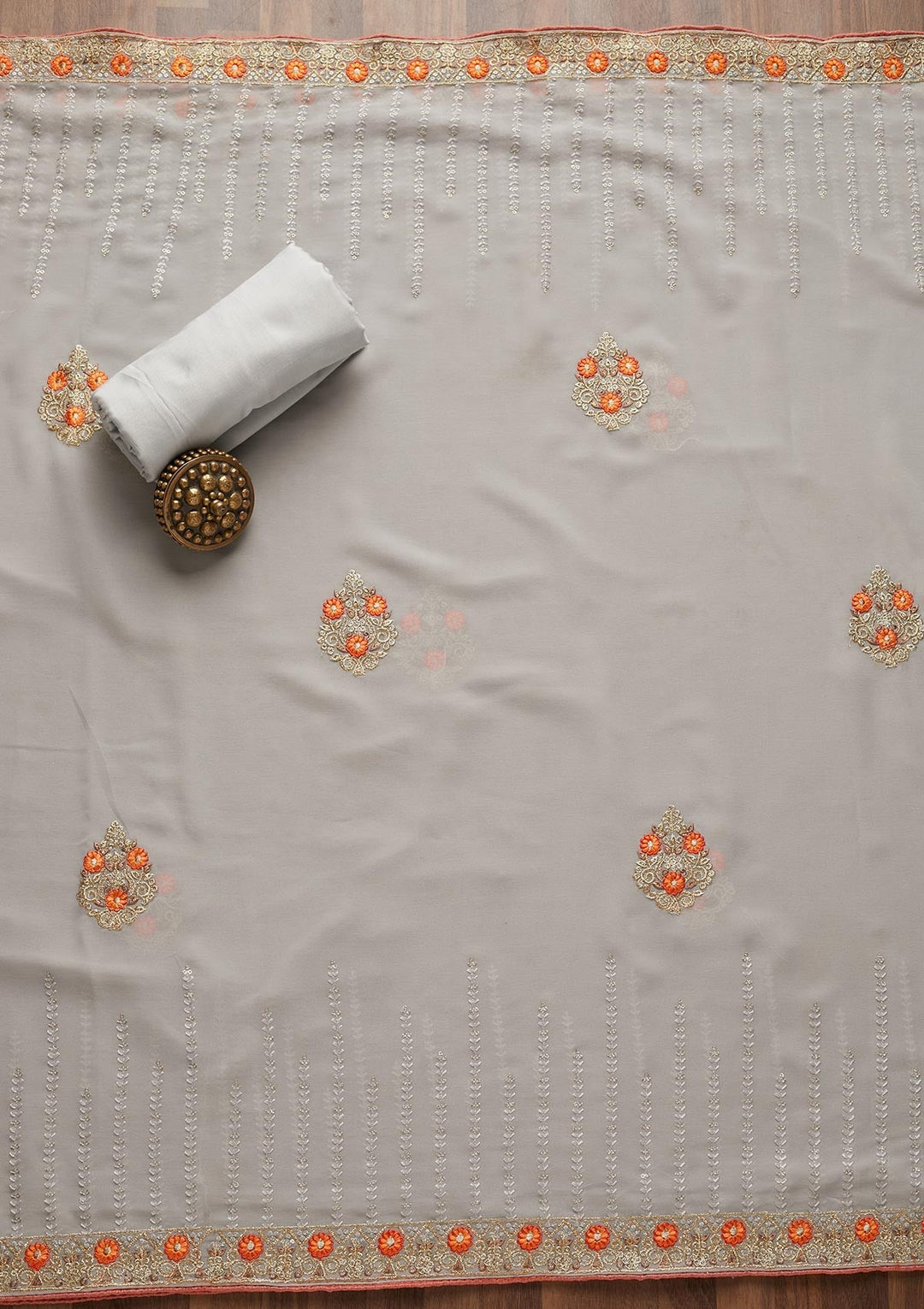 Light Grey Zariwork Georgette Unstitched Salwar Suit - Koskii