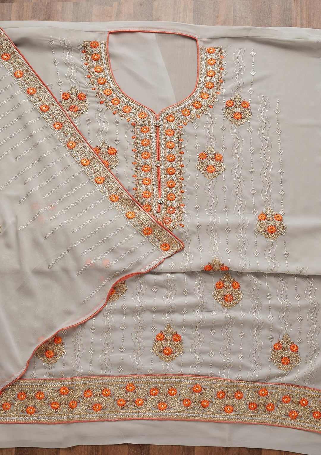 Light Grey Zariwork Georgette Unstitched Salwar Suit - Koskii