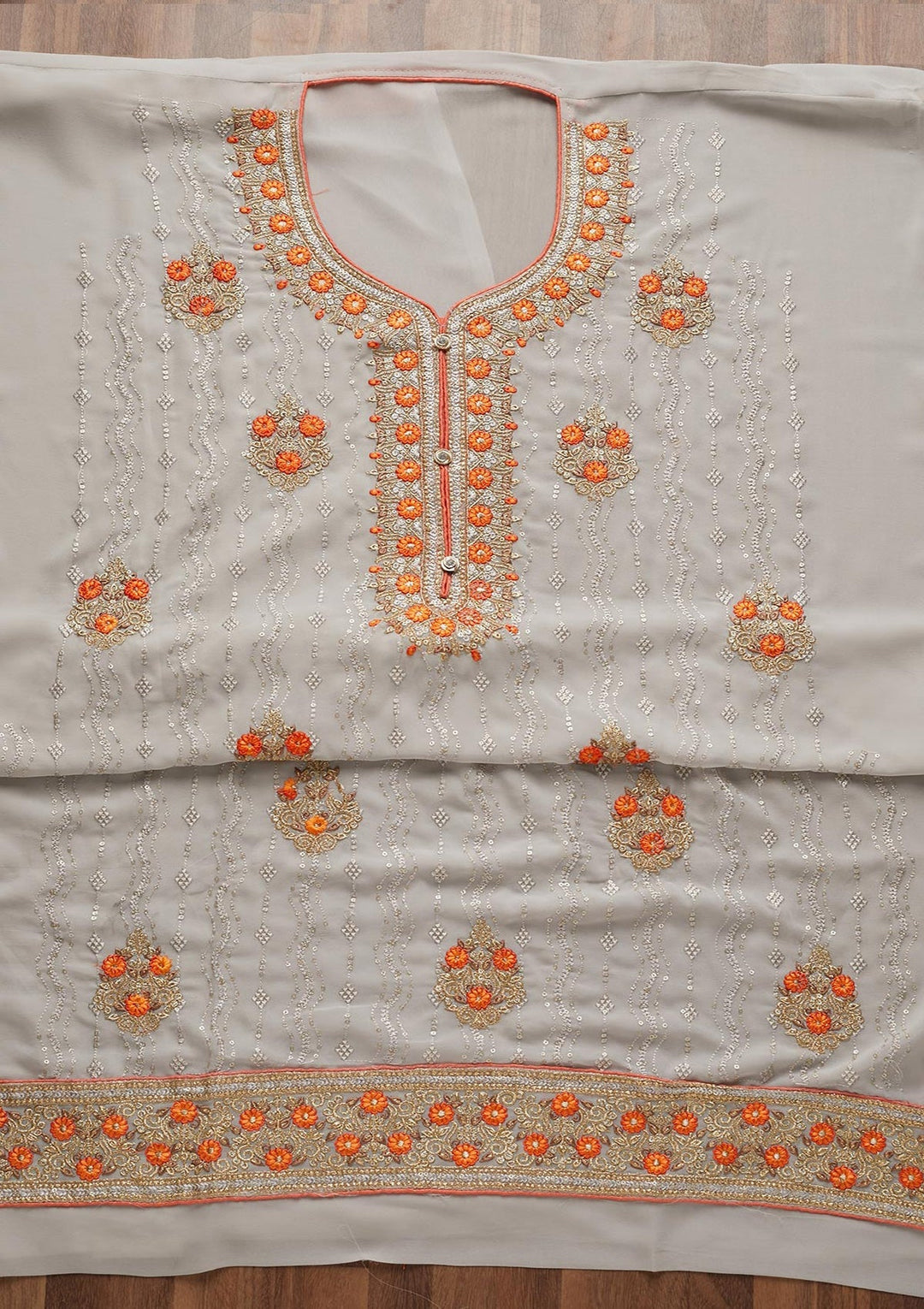 Light Grey Zariwork Georgette Unstitched Salwar Suit - Koskii