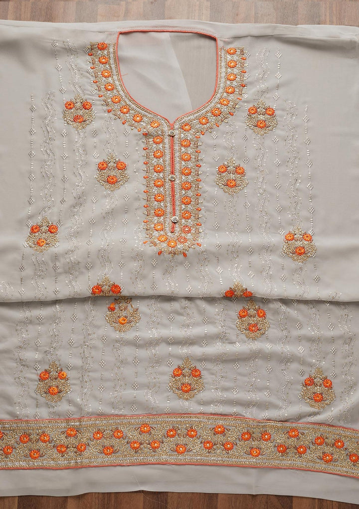 Light Grey Zariwork Georgette Unstitched Salwar Suit - Koskii