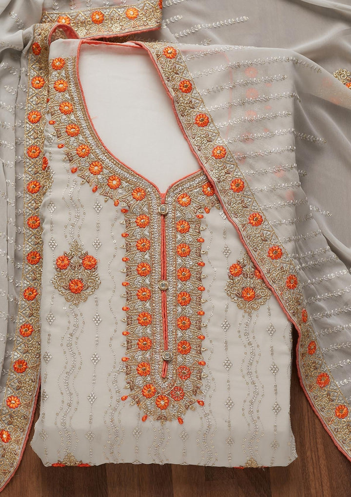 Light Grey Zariwork Georgette Unstitched Salwar Suit - Koskii