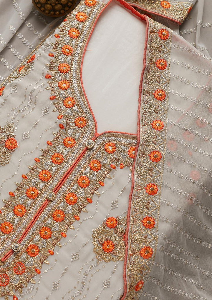 Light Grey Zariwork Georgette Unstitched Salwar Suit - Koskii
