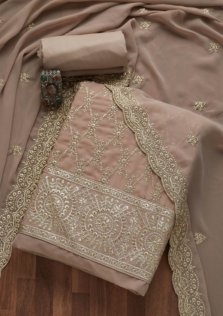 Light Grey Zariwork Georgette Unstitched Salwar Suit-Koskii