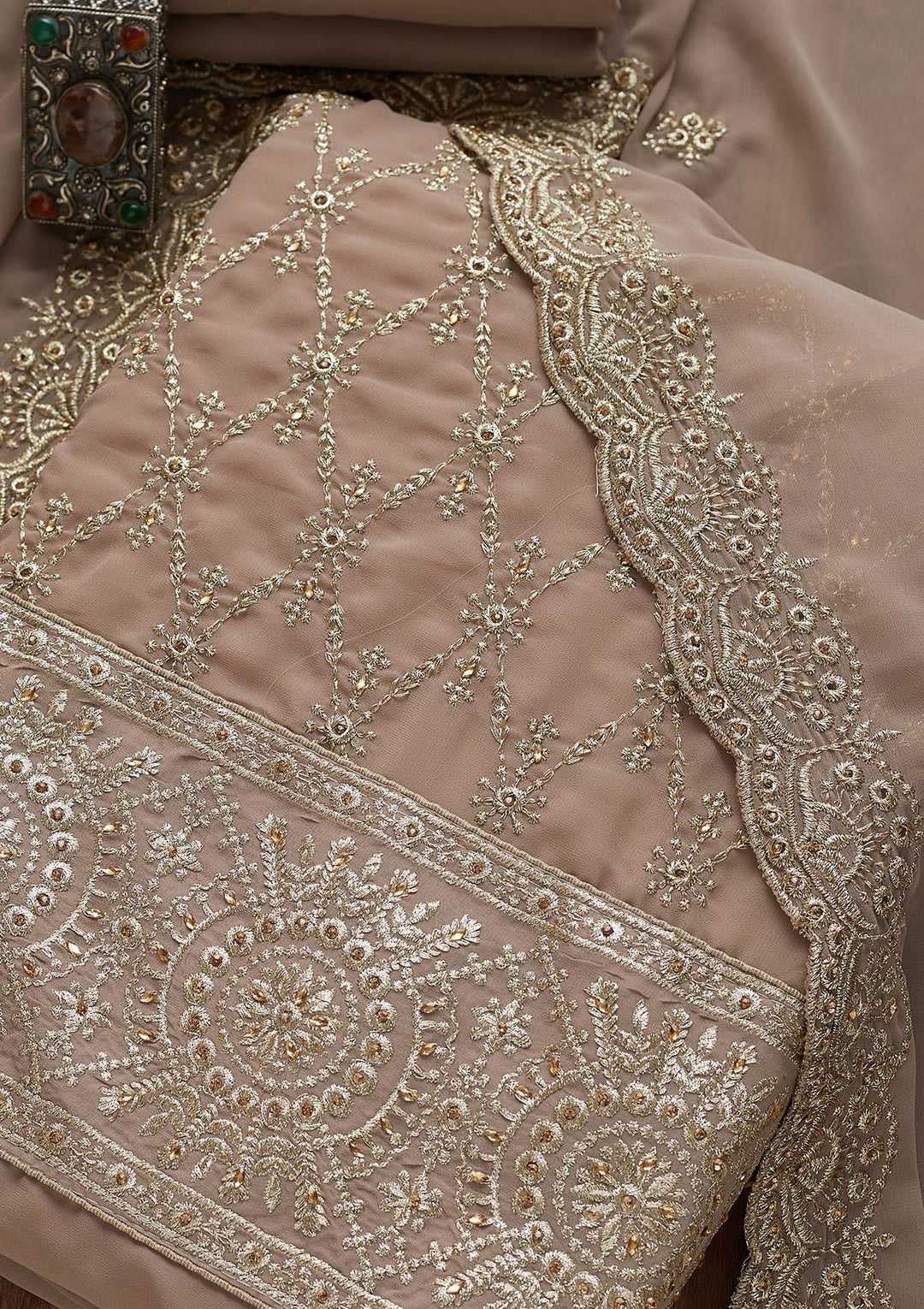 Light Grey Zariwork Georgette Unstitched Salwar Suit-Koskii