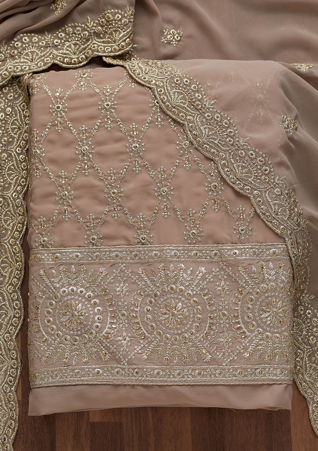 Light Grey Zariwork Georgette Unstitched Salwar Suit-Koskii