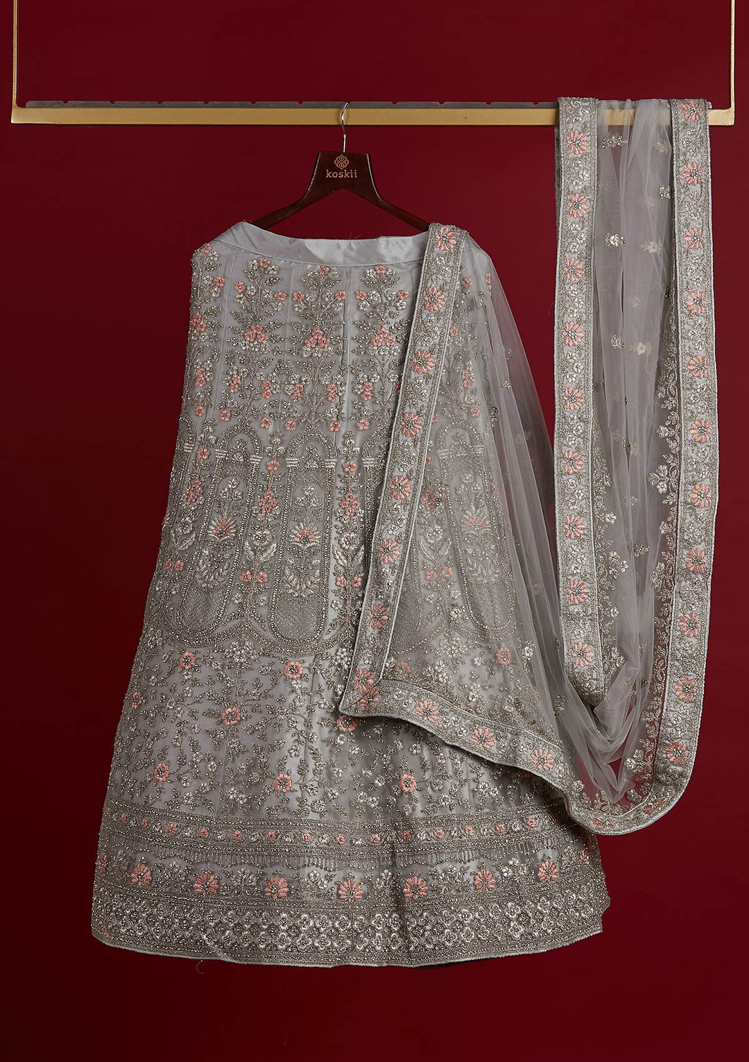 Light Grey Zariwork Net Designer Semi-Stitched Lehenga - koskii
