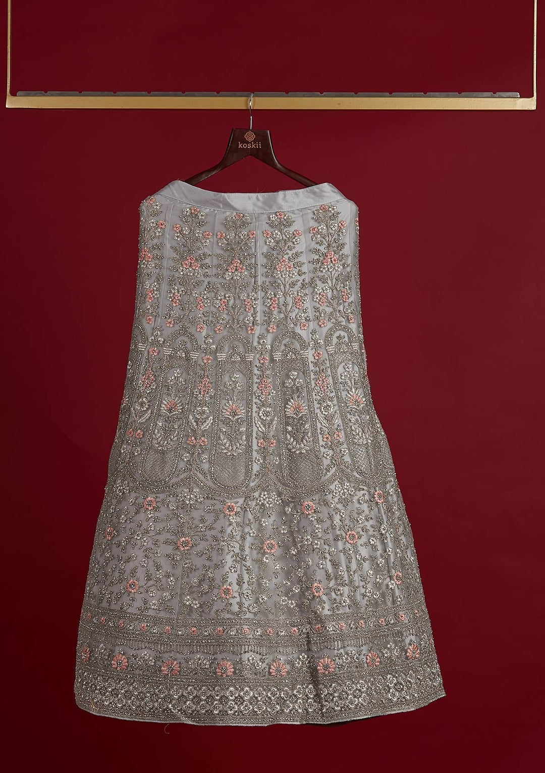 Light Grey Zariwork Net Designer Semi-Stitched Lehenga - koskii