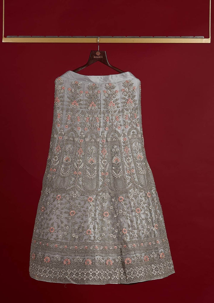 Light Grey Zariwork Net Designer Semi-Stitched Lehenga - koskii
