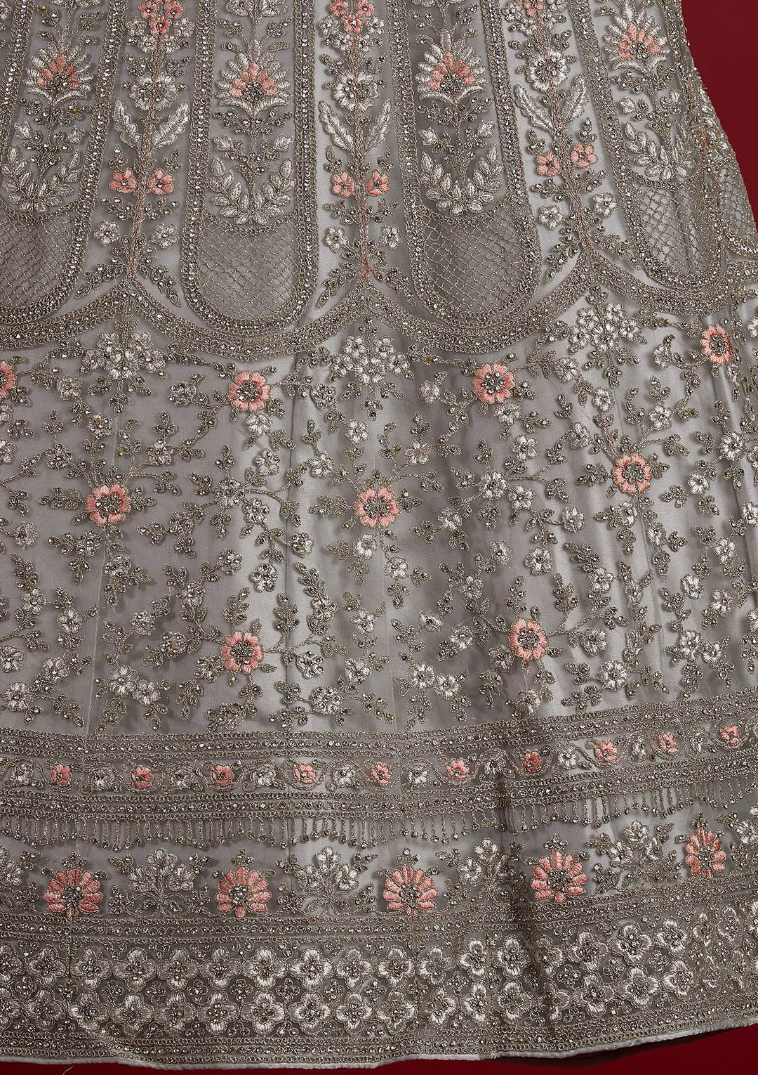 Light Grey Zariwork Net Designer Semi-Stitched Lehenga - koskii