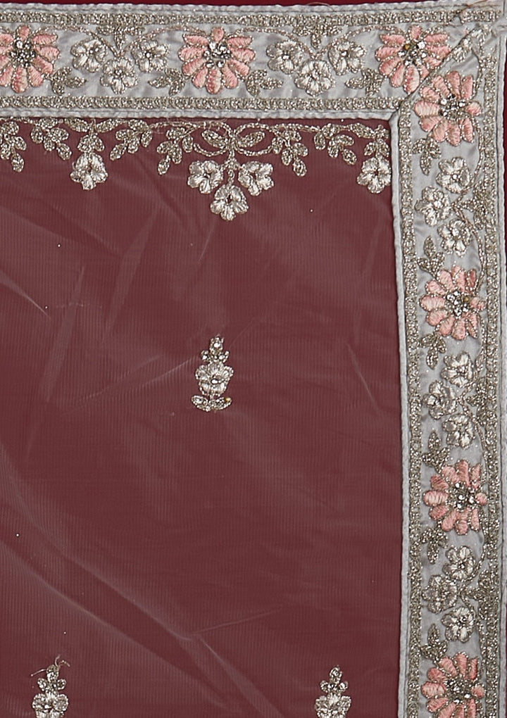 Light Grey Zariwork Net Designer Semi-Stitched Lehenga - koskii