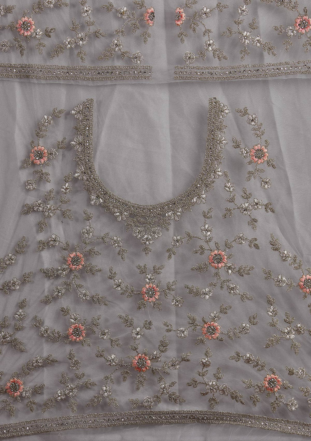 Light Grey Zariwork Net Designer Semi-Stitched Lehenga - koskii