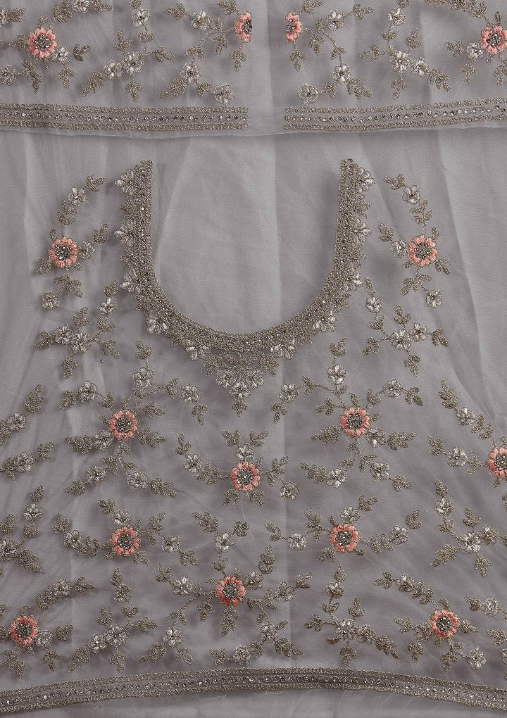 Light Grey Zariwork Net Designer Semi-Stitched Lehenga - koskii