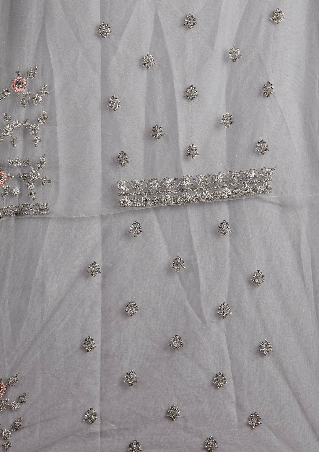 Light Grey Zariwork Net Designer Semi-Stitched Lehenga - koskii