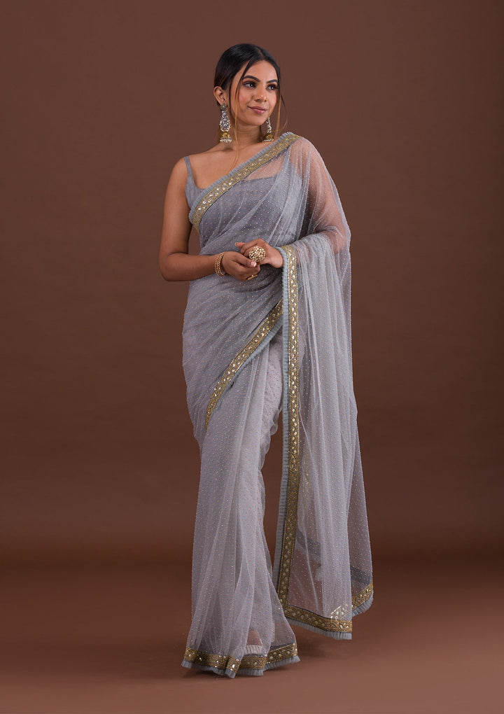 Light Grey Zariwork Net Saree-Koskii