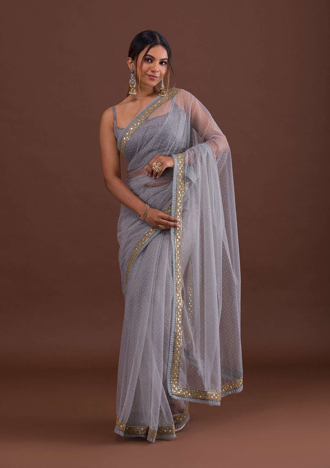 Light Grey Zariwork Net Saree-Koskii