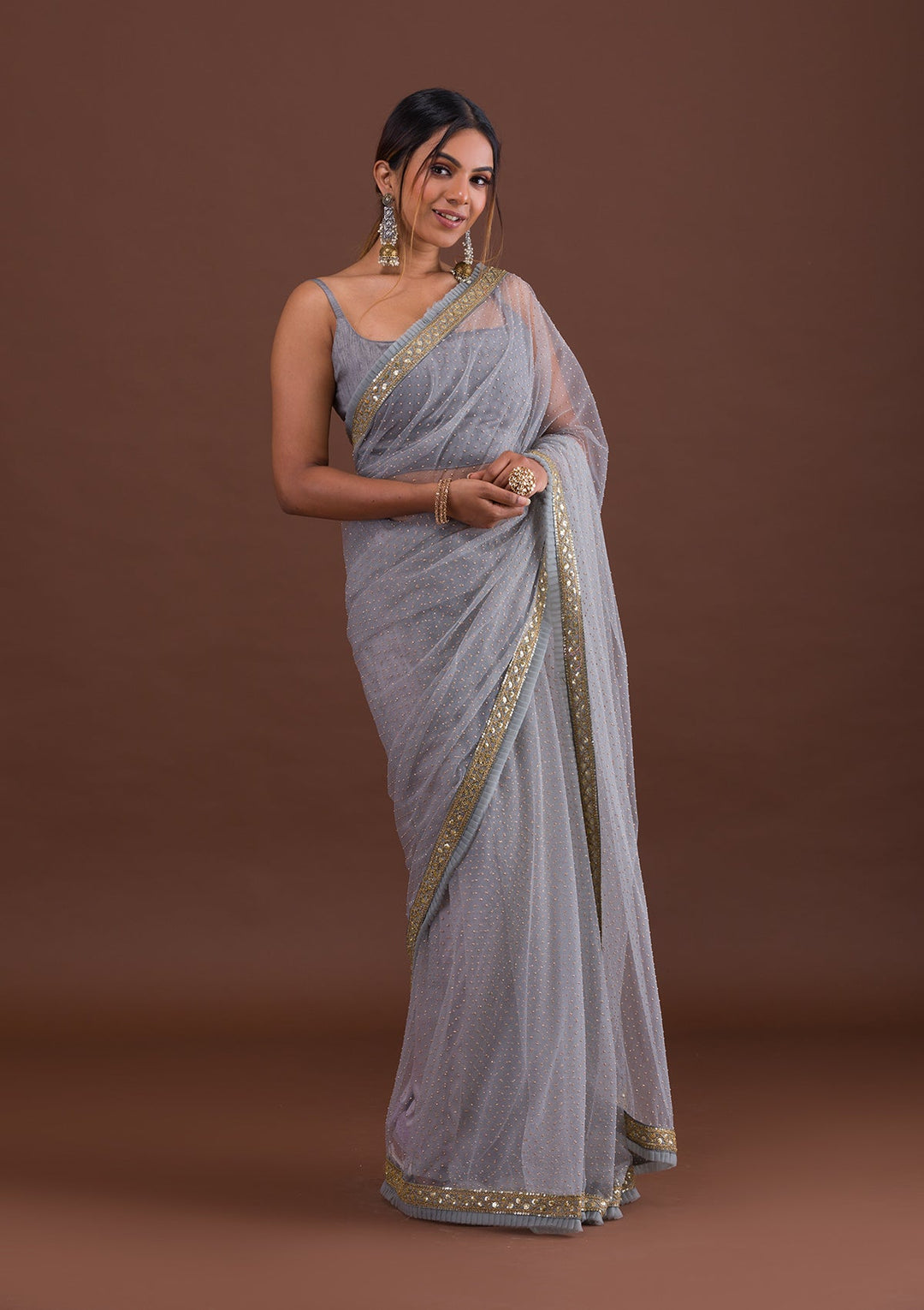 Light Grey Zariwork Net Saree-Koskii