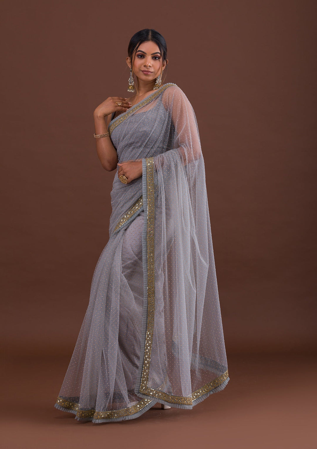 Light Grey Zariwork Net Saree-Koskii