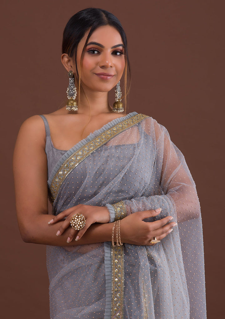 Light Grey Zariwork Net Saree-Koskii
