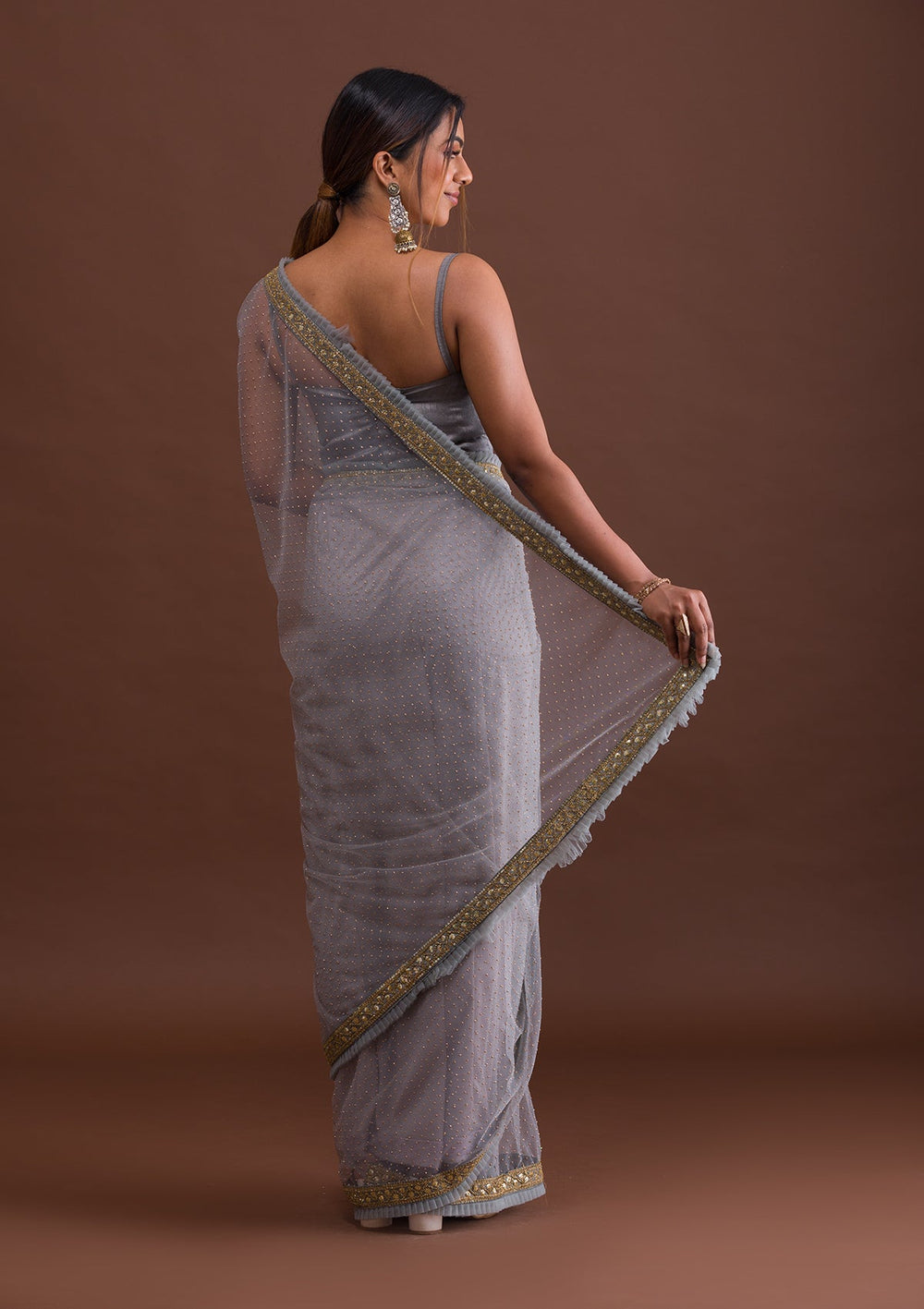 Light Grey Zariwork Net Saree-Koskii