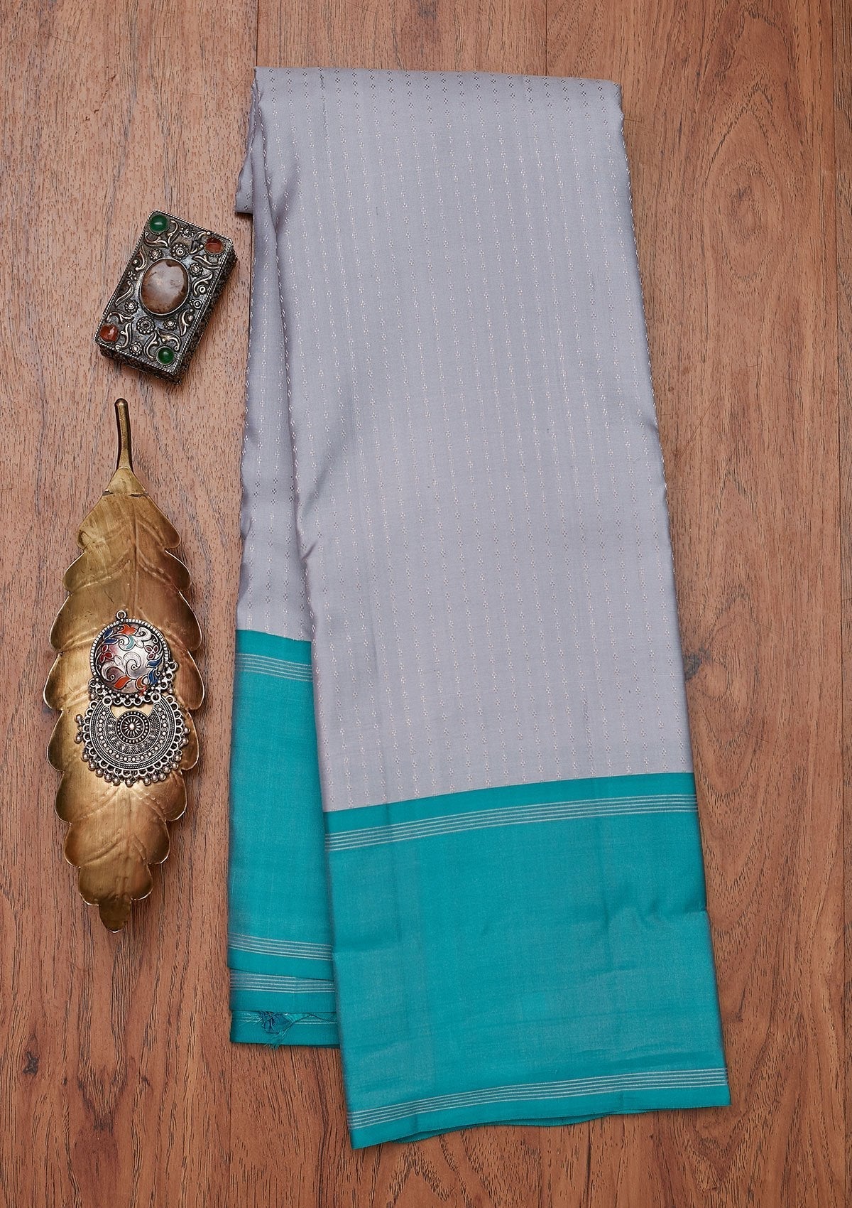 Light Grey Zariwork Pure Silk Designer Unstitched Saree - Koskii