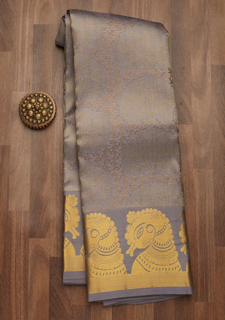 Light Grey Zariwork Pure Silk Saree-Koskii