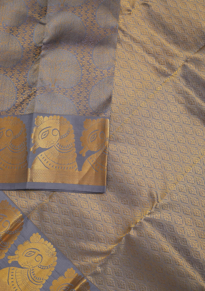 Light Grey Zariwork Pure Silk Saree-Koskii