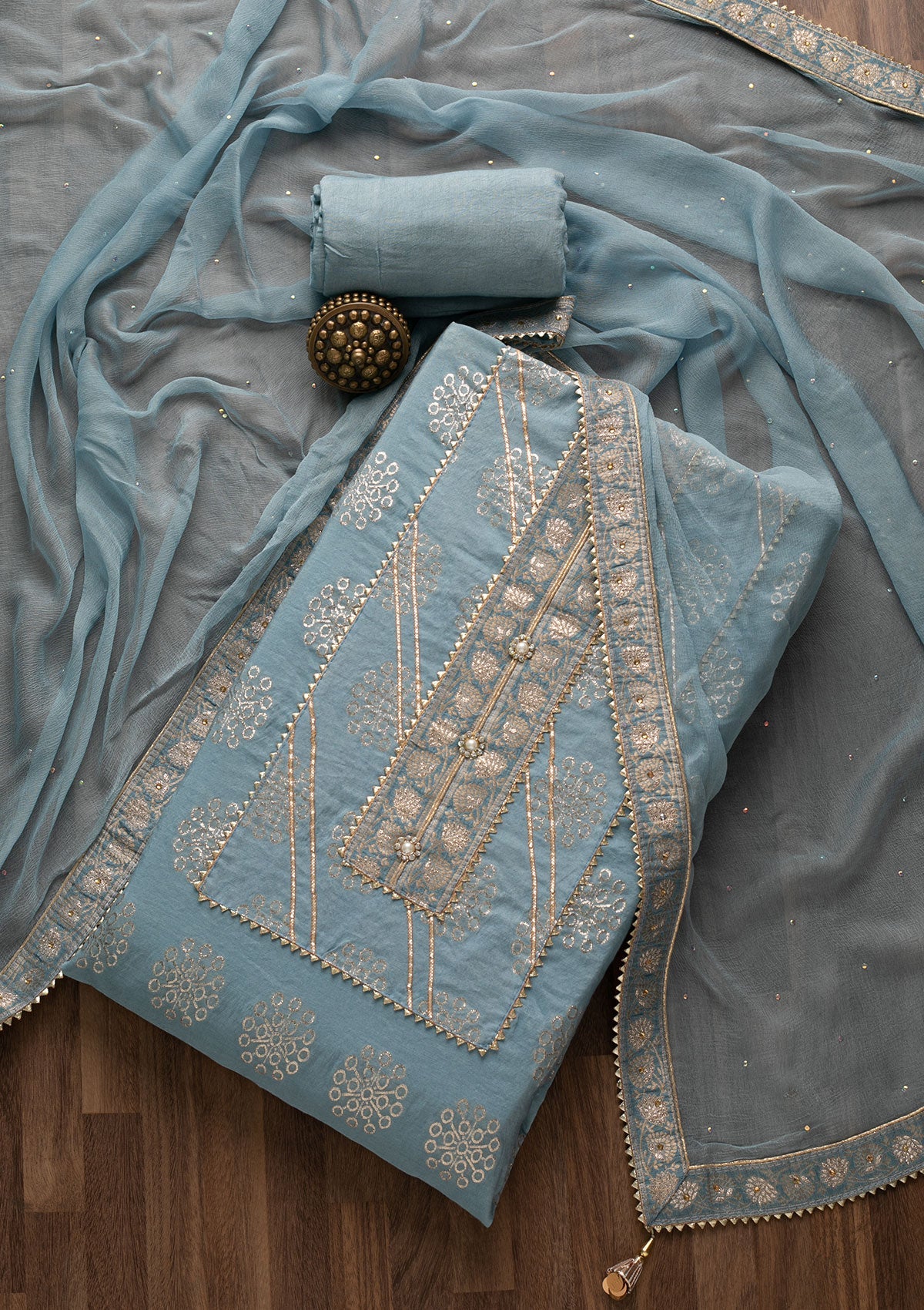 Light Grey Zariwork Raw Silk Unstitched Salwar Suit-Koskii