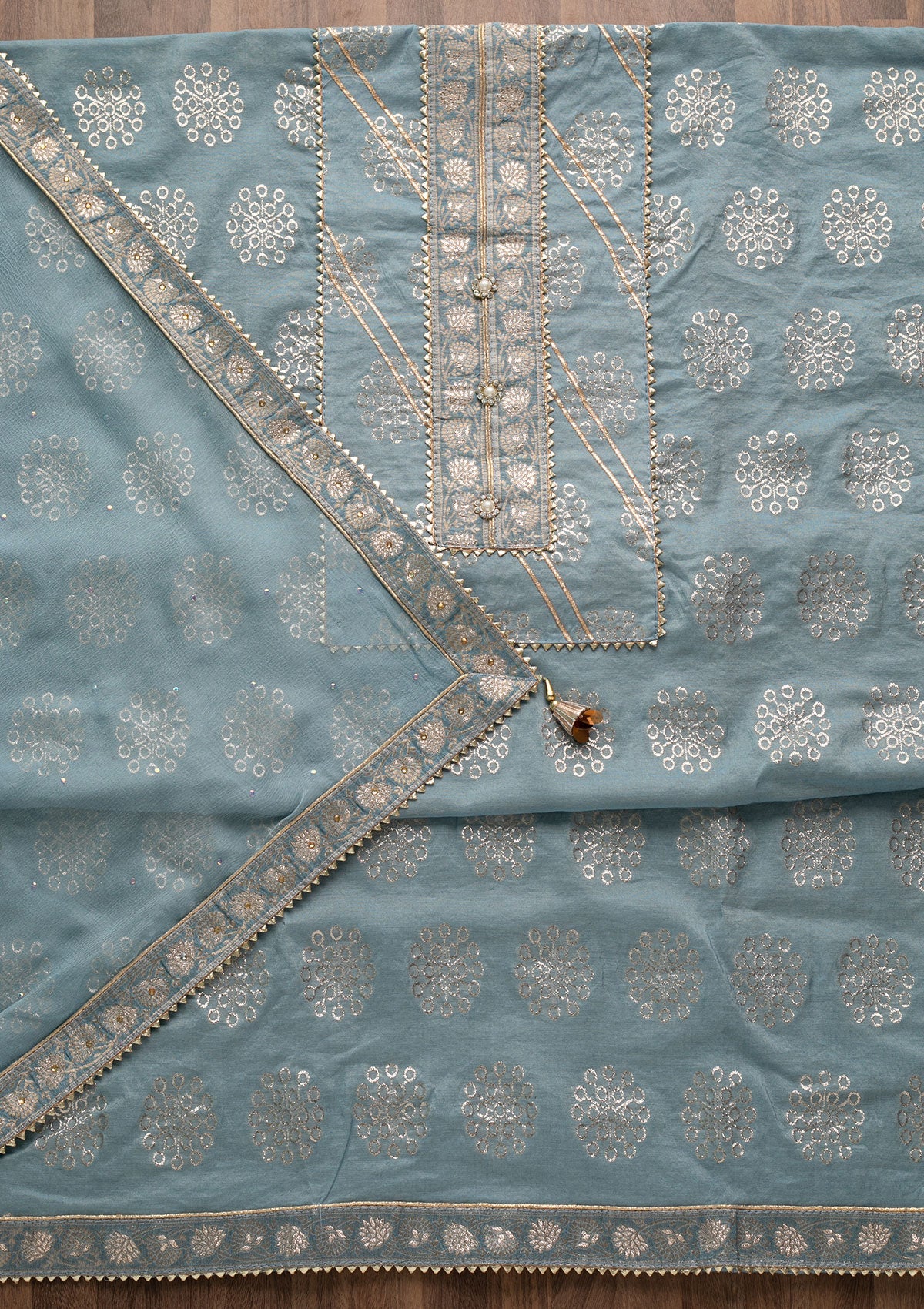 Light Grey Zariwork Raw Silk Unstitched Salwar Suit-Koskii