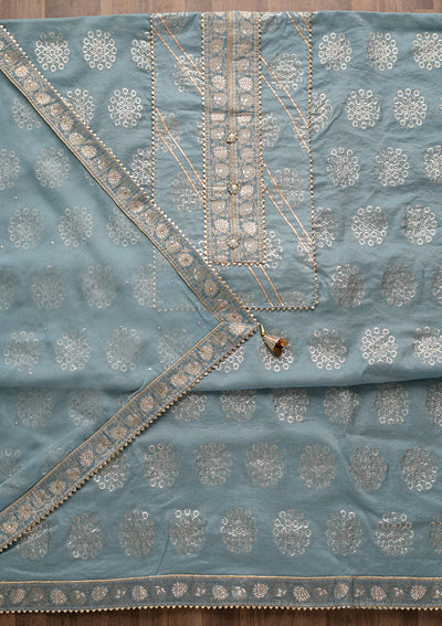 Light Grey Zariwork Raw Silk Unstitched Salwar Suit-Koskii