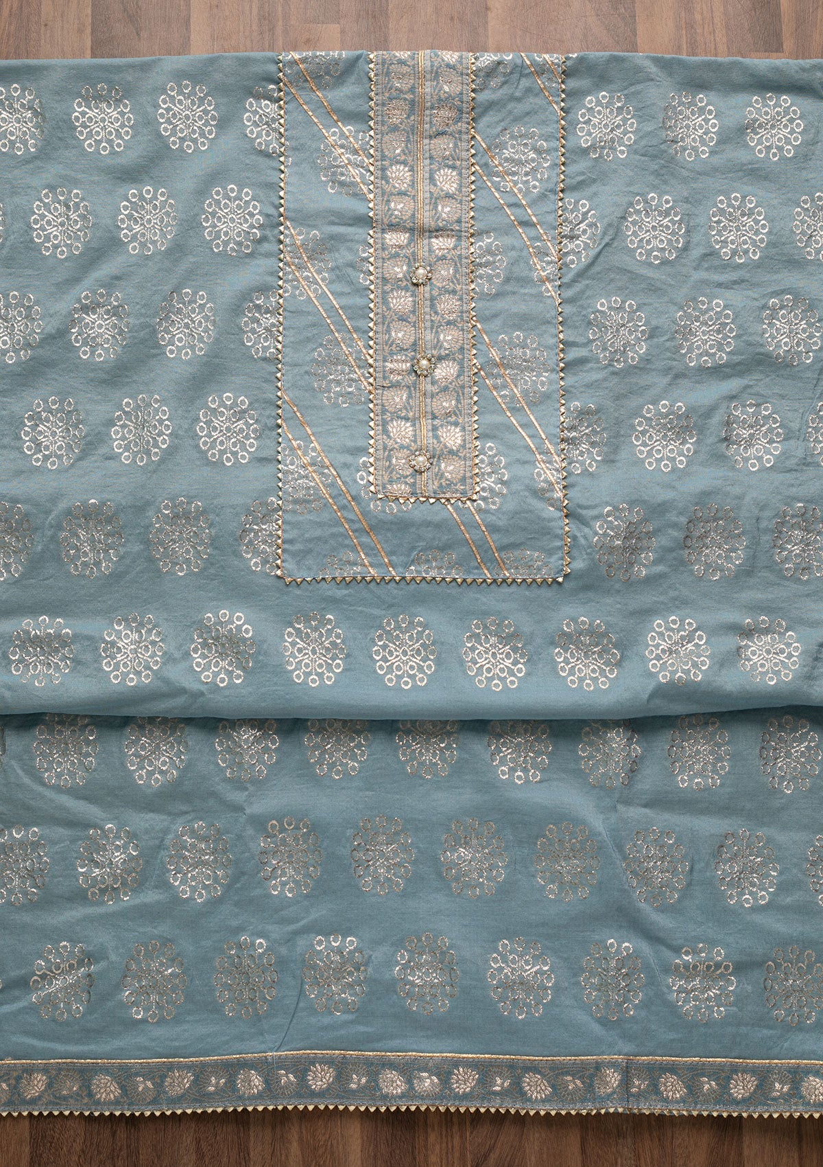 Light Grey Zariwork Raw Silk Unstitched Salwar Suit-Koskii