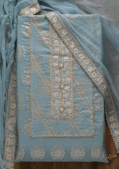 Light Grey Zariwork Raw Silk Unstitched Salwar Suit-Koskii