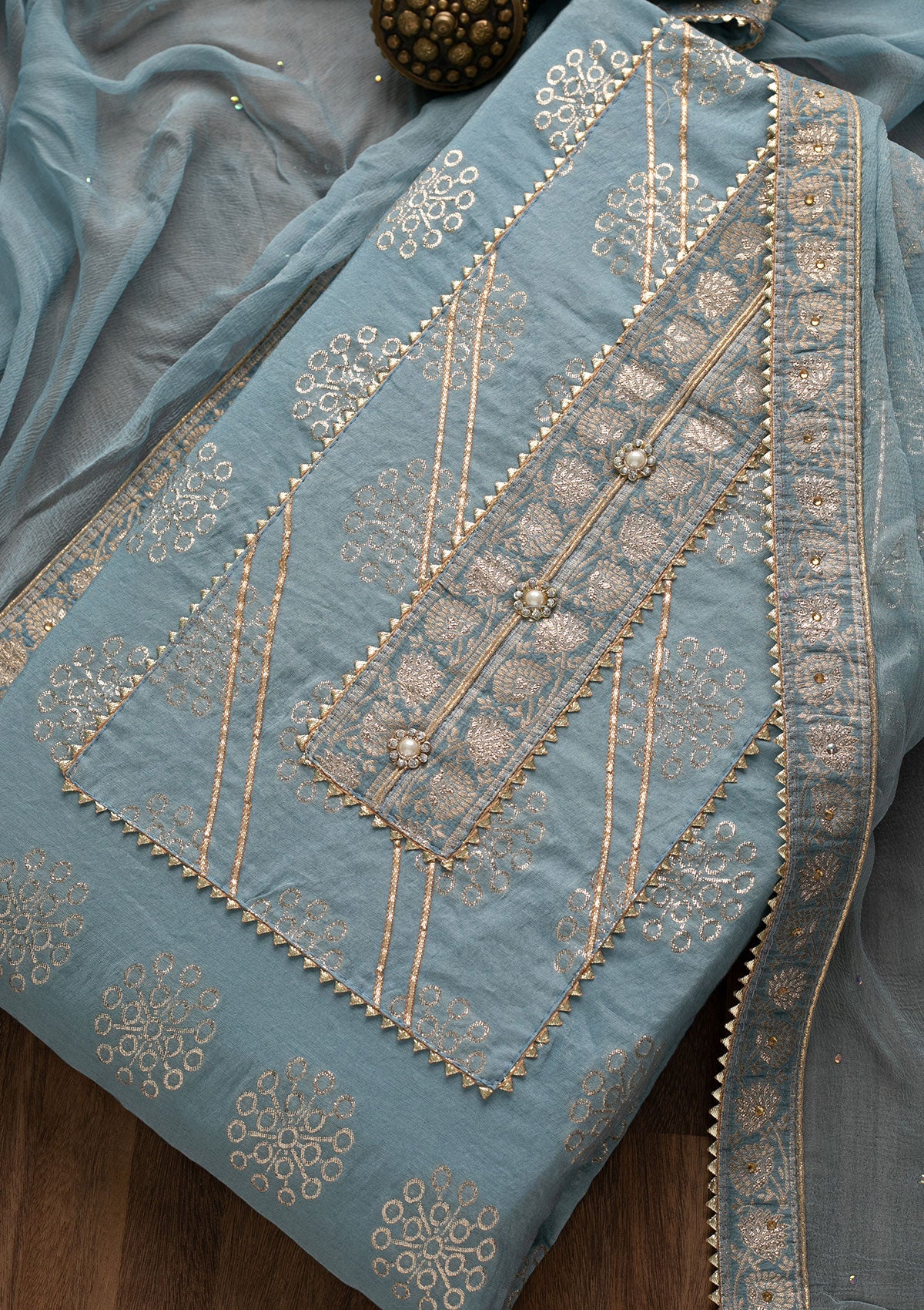 Light Grey Zariwork Raw Silk Unstitched Salwar Suit-Koskii