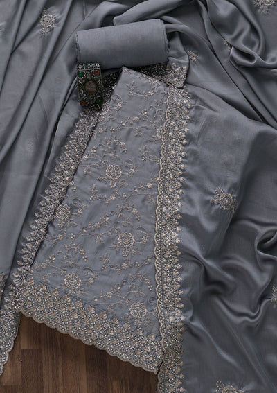 Light Grey Zariwork Satin Unstitched Salwar Suit-Koskii