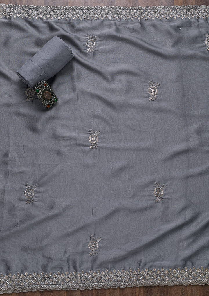 Light Grey Zariwork Satin Unstitched Salwar Suit-Koskii