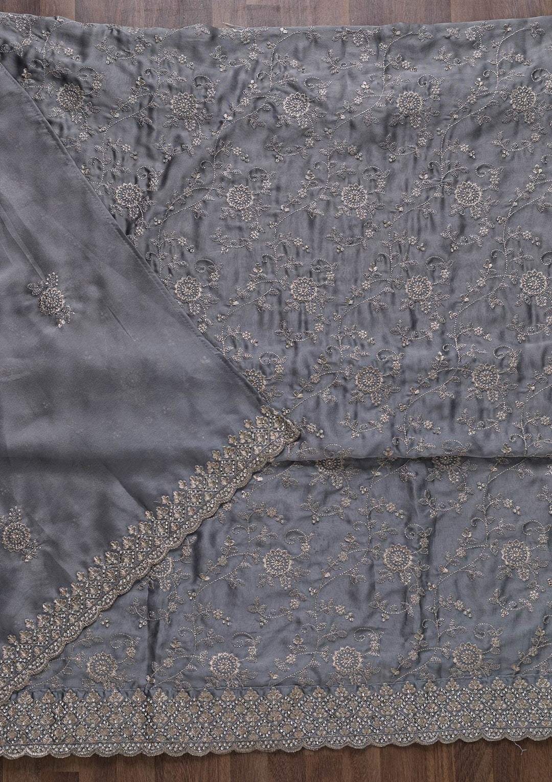 Light Grey Zariwork Satin Unstitched Salwar Suit-Koskii