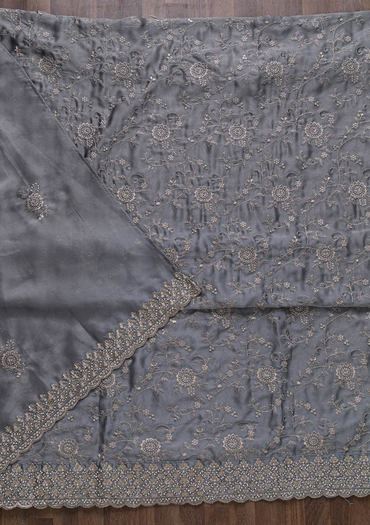 Light Grey Zariwork Satin Unstitched Salwar Suit-Koskii