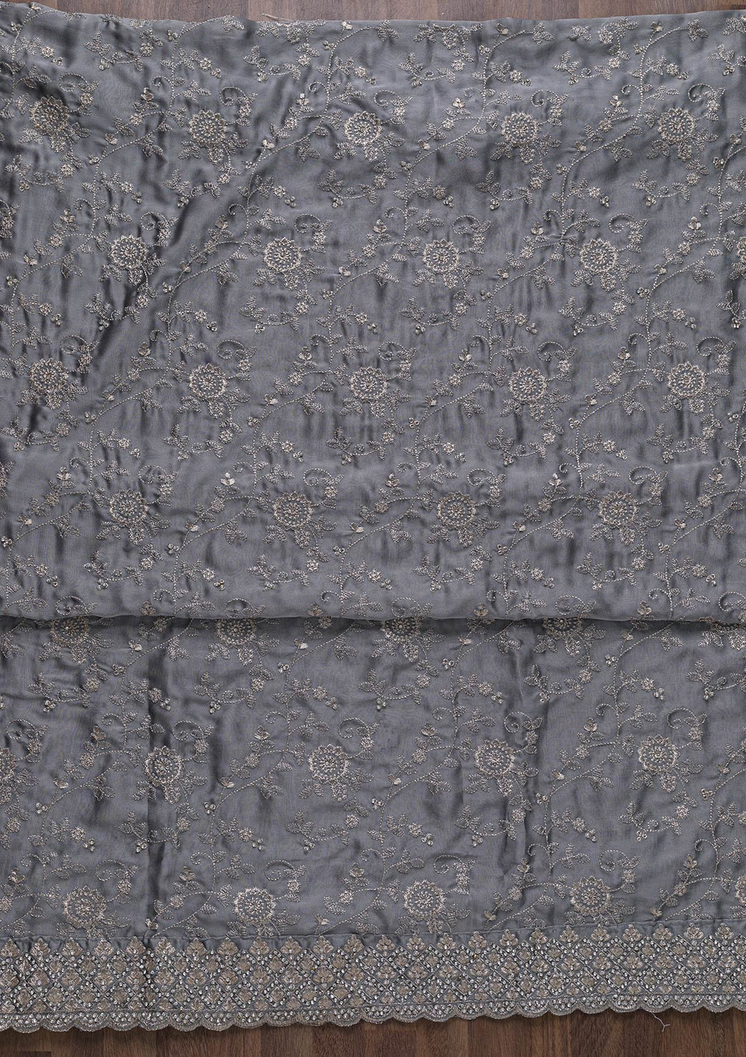 Light Grey Zariwork Satin Unstitched Salwar Suit-Koskii