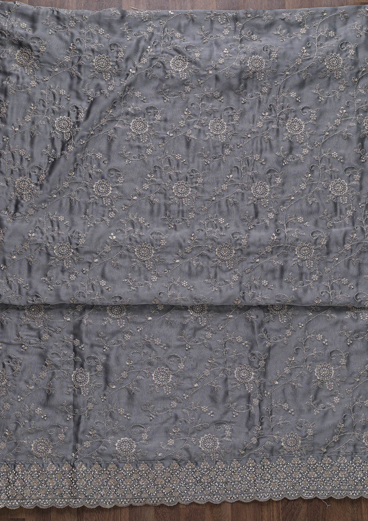 Light Grey Zariwork Satin Unstitched Salwar Suit-Koskii