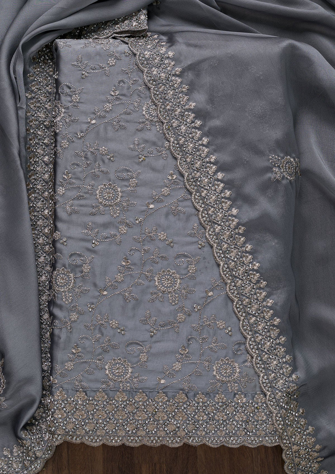 Light Grey Zariwork Satin Unstitched Salwar Suit-Koskii