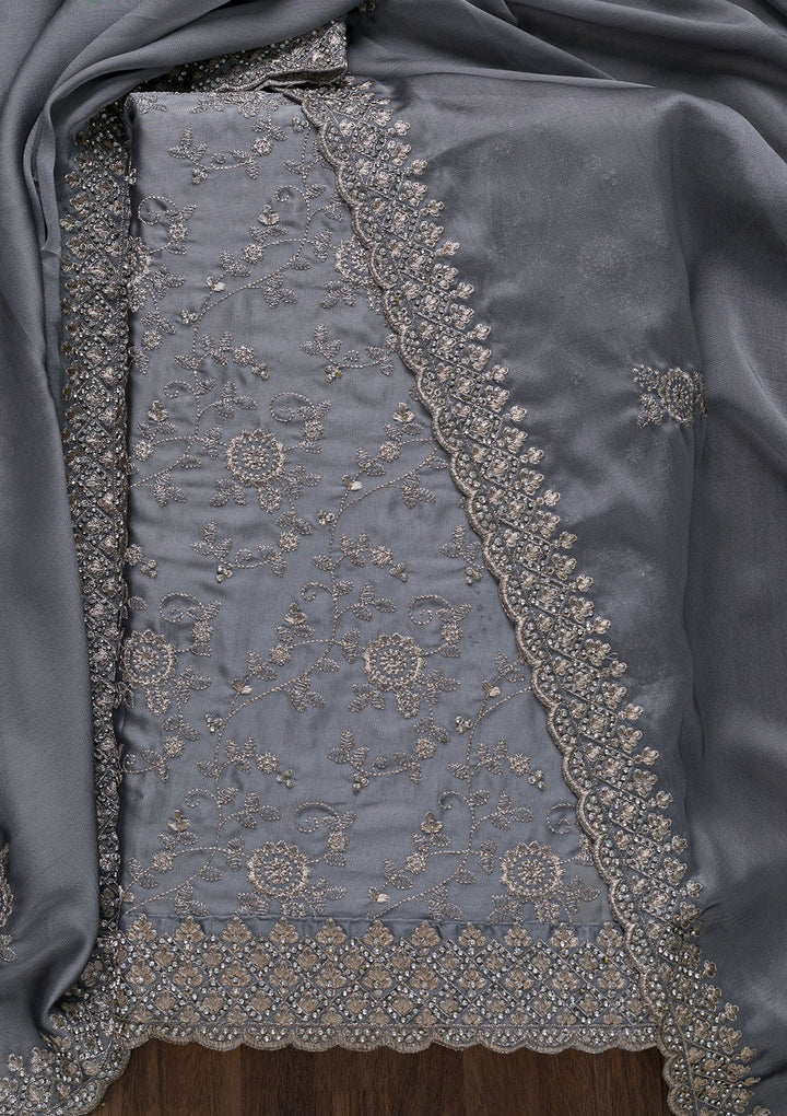 Light Grey Zariwork Satin Unstitched Salwar Suit-Koskii