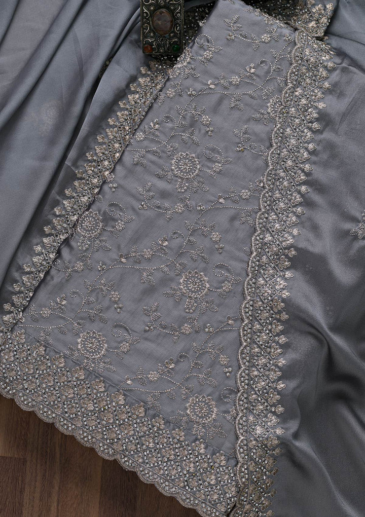 Light Grey Zariwork Satin Unstitched Salwar Suit-Koskii