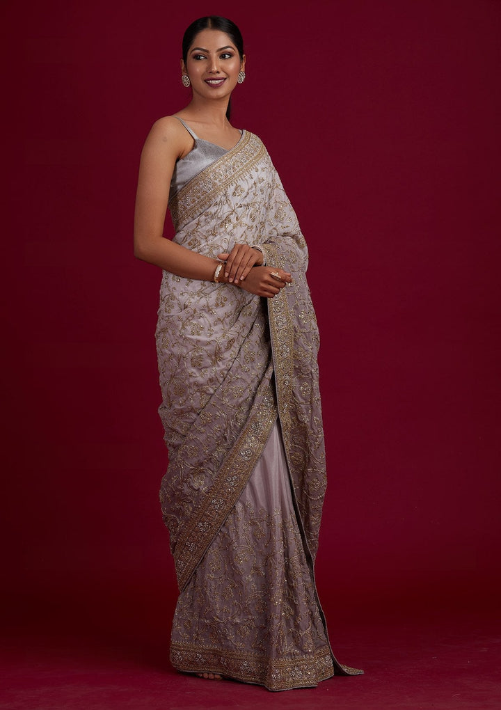 Light Grey Zariwork Semi Crepe Designer Saree - Koskii