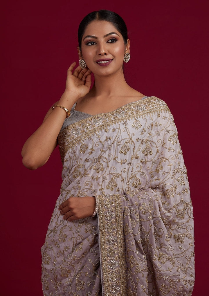 Light Grey Zariwork Semi Crepe Designer Saree - Koskii