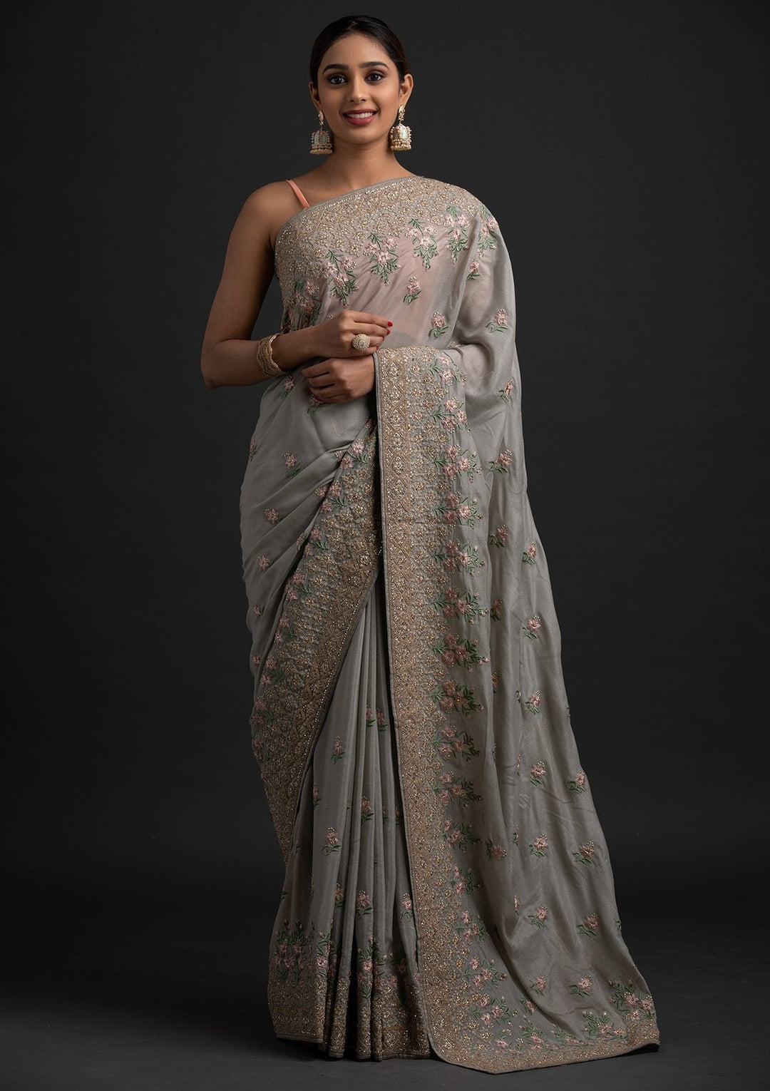 Light Grey Zariwork Shimmer Designer Saree - koskii