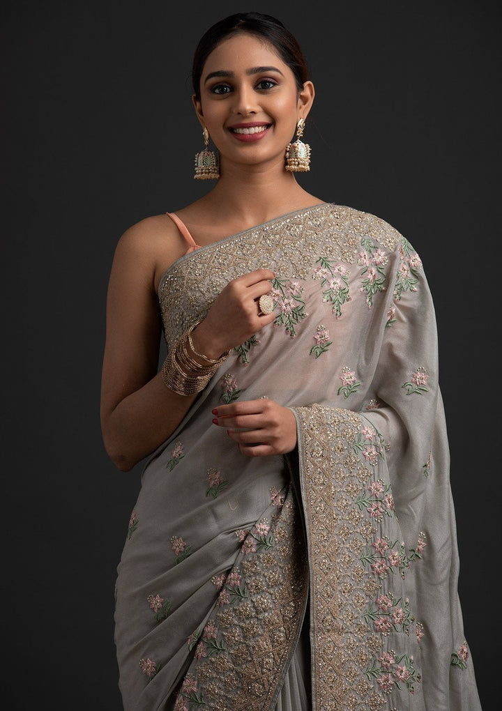 Light Grey Zariwork Shimmer Designer Saree - koskii