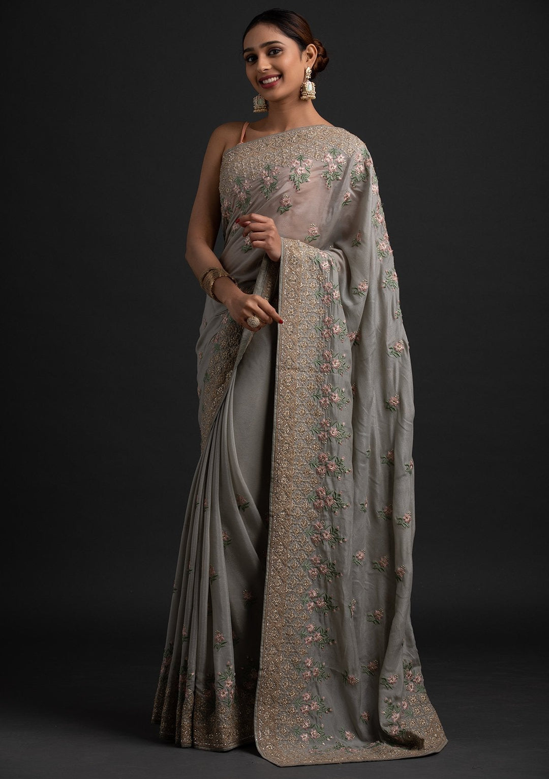 Light Grey Zariwork Shimmer Designer Saree - koskii