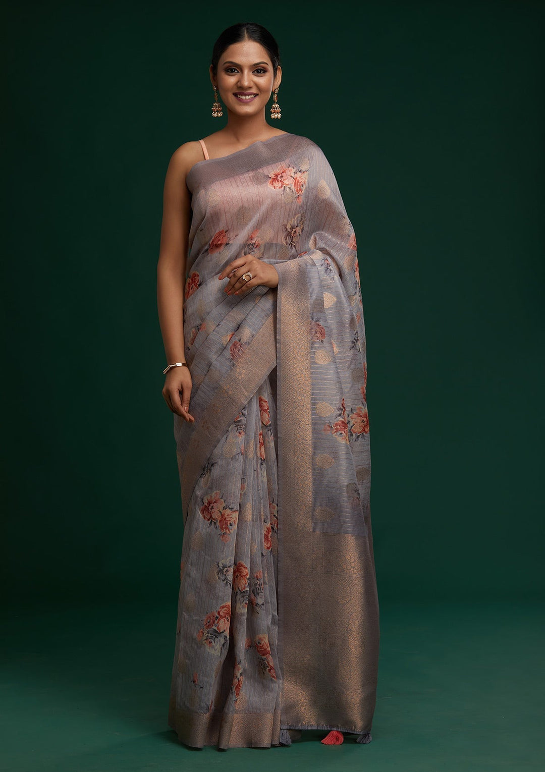 Light Grey Zariwork Taffeta Silk Saree- Koskii