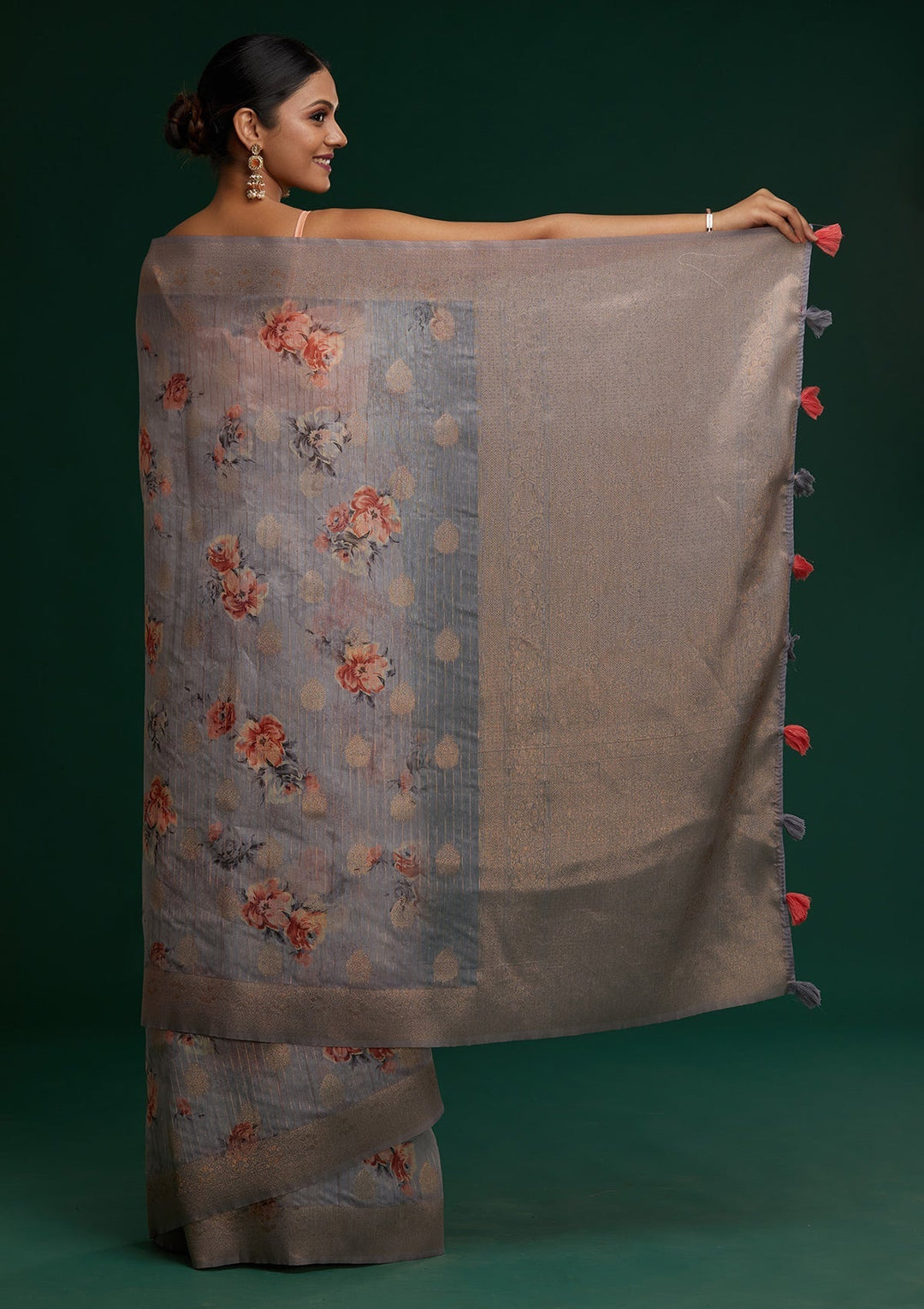 Light Grey Zariwork Taffeta Silk Saree - Koskii